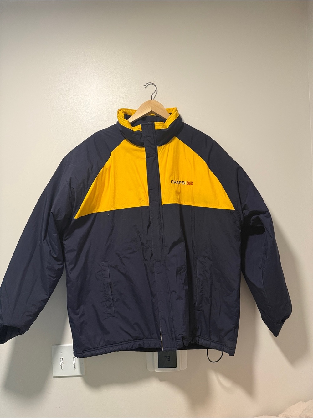 Vintage Chaps | Ralph Lauren Men’s Navy and Yellow Colorblock Puffer Jacket